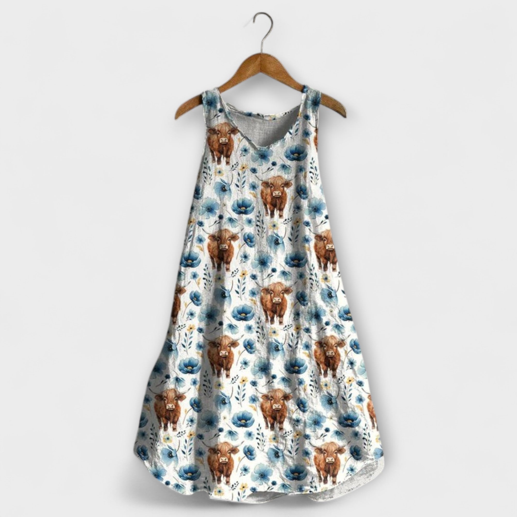 Tank-Top-Kleid mit Trägern, blau-weißes Tiermuster, lockerer Glockenrock