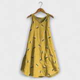 Gelbes Tanktop-Kleid mit Muster aus kleinen Bienen, ärmellos, weiter Rock