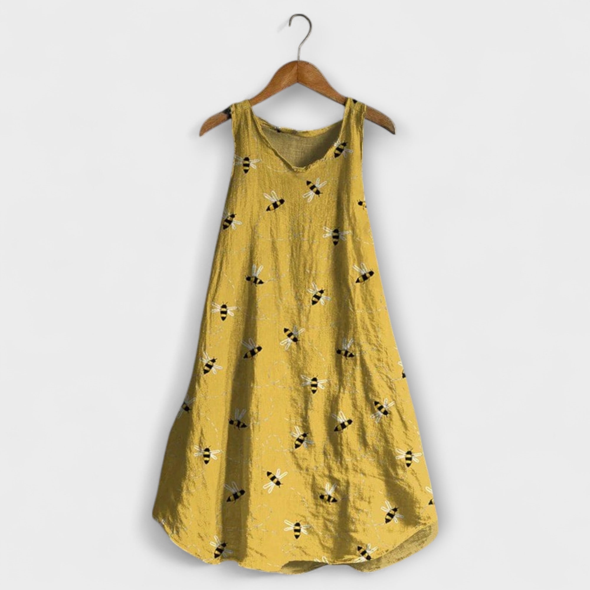 Gelbes Tanktop-Kleid mit Muster aus kleinen Bienen, ärmellos, weiter Rock