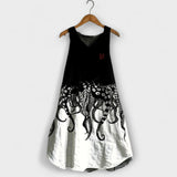 Ärmelloses Tank-Kleid mit schwarzem Oberteil und weißem Octopus-Motiv