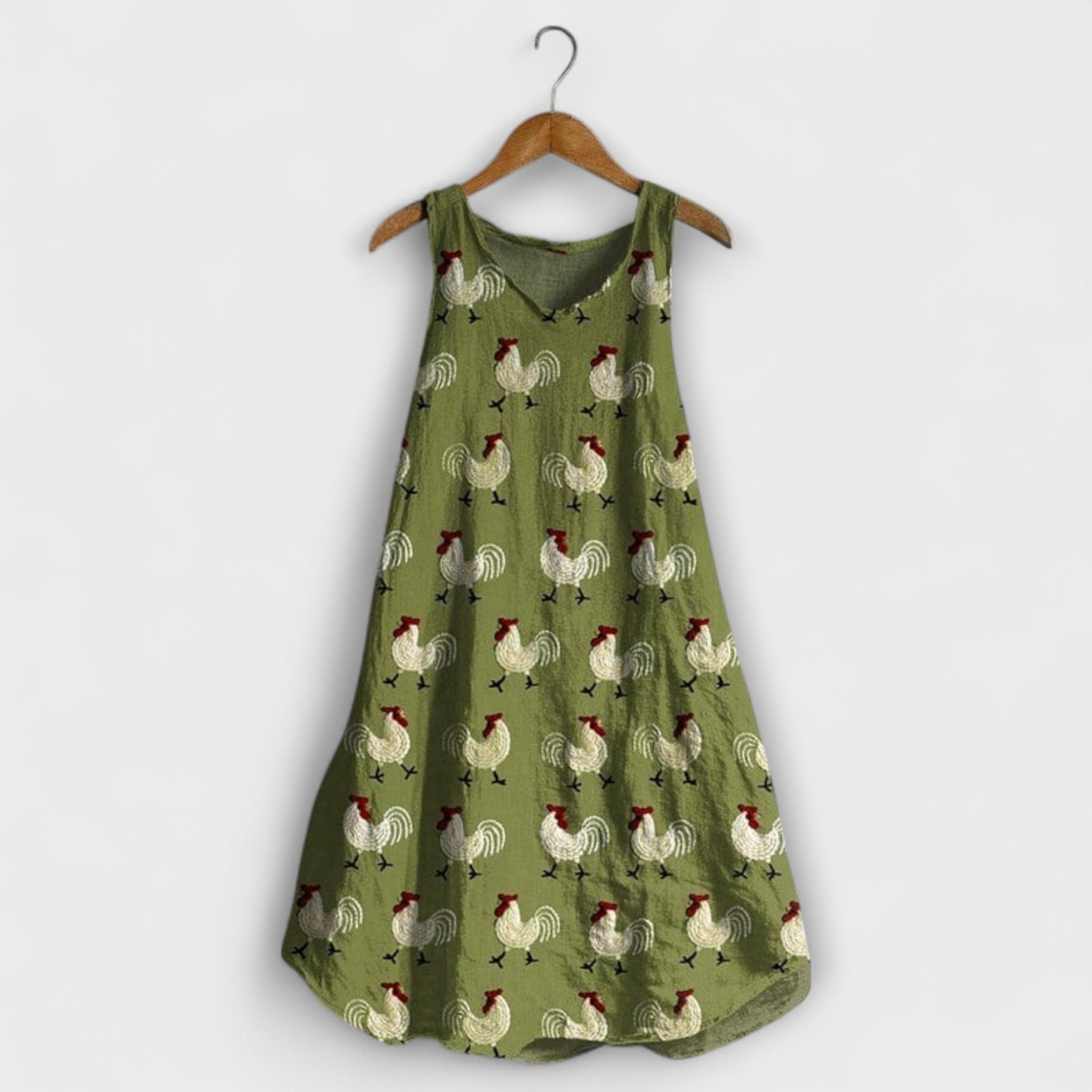 Tank-Top-Kleid olivgrün mit Hühner-Regenbogenmuster, ärmellos