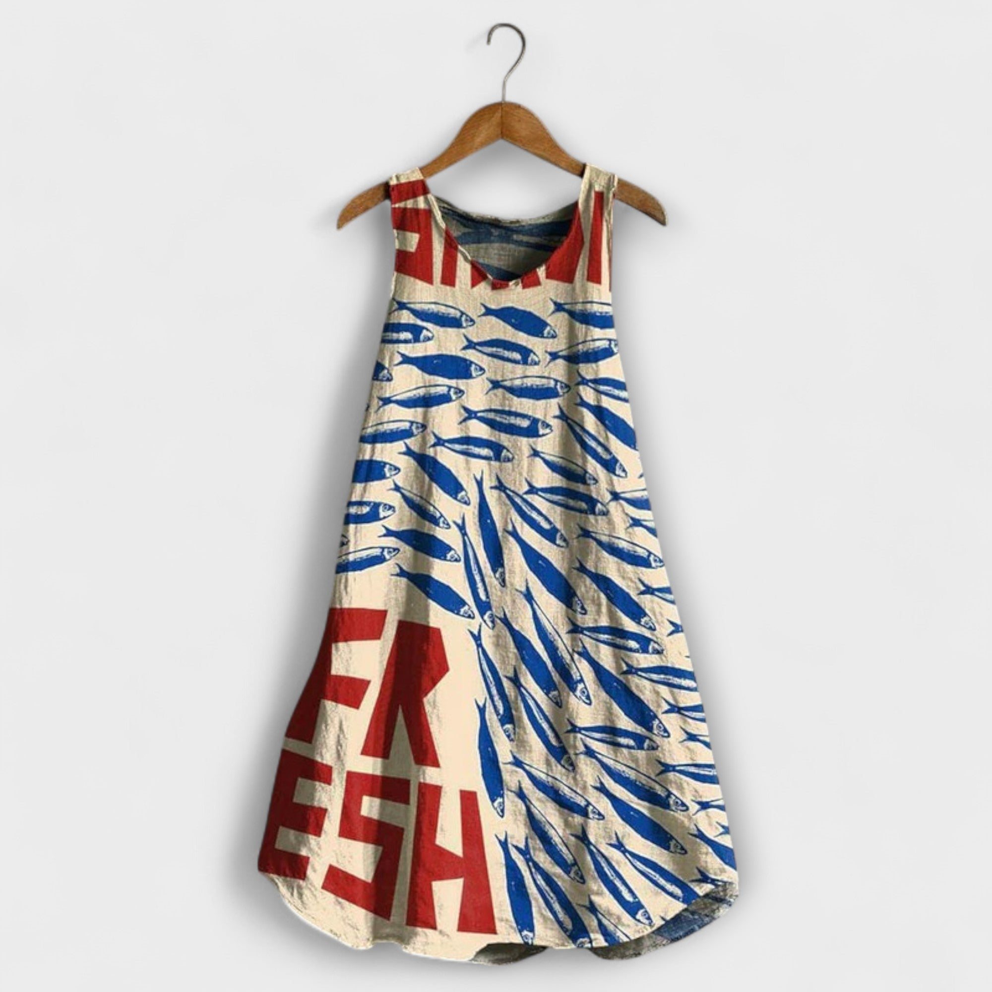Ärmelloses Tank-Kleid mit blau-weiß-rotem Muster, rundem Halsausschnitt