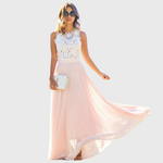 Rosa Sommerkleid mit Spitzenoberteil, ärmellos und weitem Maxirock