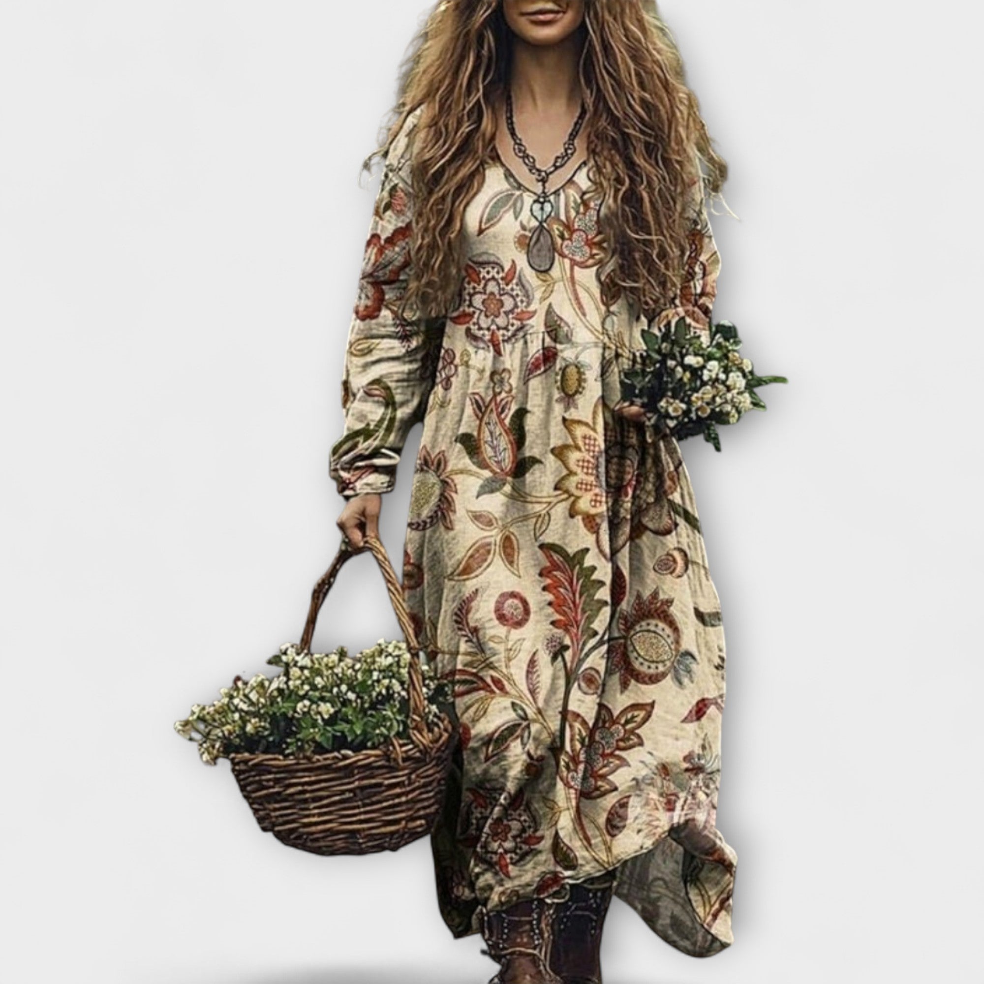 Langarm-Kleid mit Blumenmuster, beiger Grund, seitliche Taschen, weicher Fall Saum