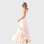 Rosa Spitzen-Maxikleid, ärmellos, mit langem, fließendem Rock