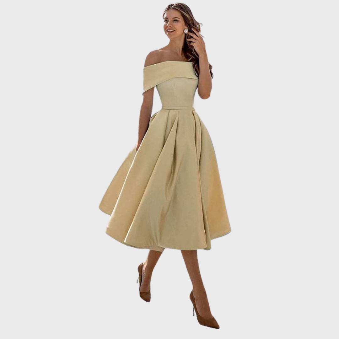 Off-Shoulder Kleid mit Drapierung, hellbeigener Glockenrock mit Falten