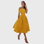Off-Shoulder Kleid mit Drapierung, gelber Glockenrock mit Falten