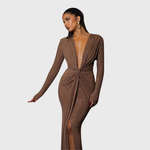 Schimmerndes Maxikleid mit tiefem Rücken-V-Ausschnitt und Knotenraffung