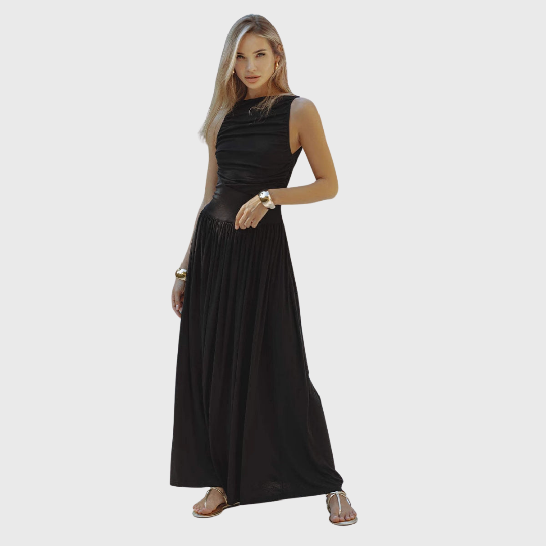 Schwarzes ärmelloses Maxikleid mit figurbetontem Oberteil und gerafftem Rock