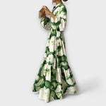 Maxi-Kleid mit langen Ärmeln, V-Ausschnitt, Bindeband und Blumenmuster