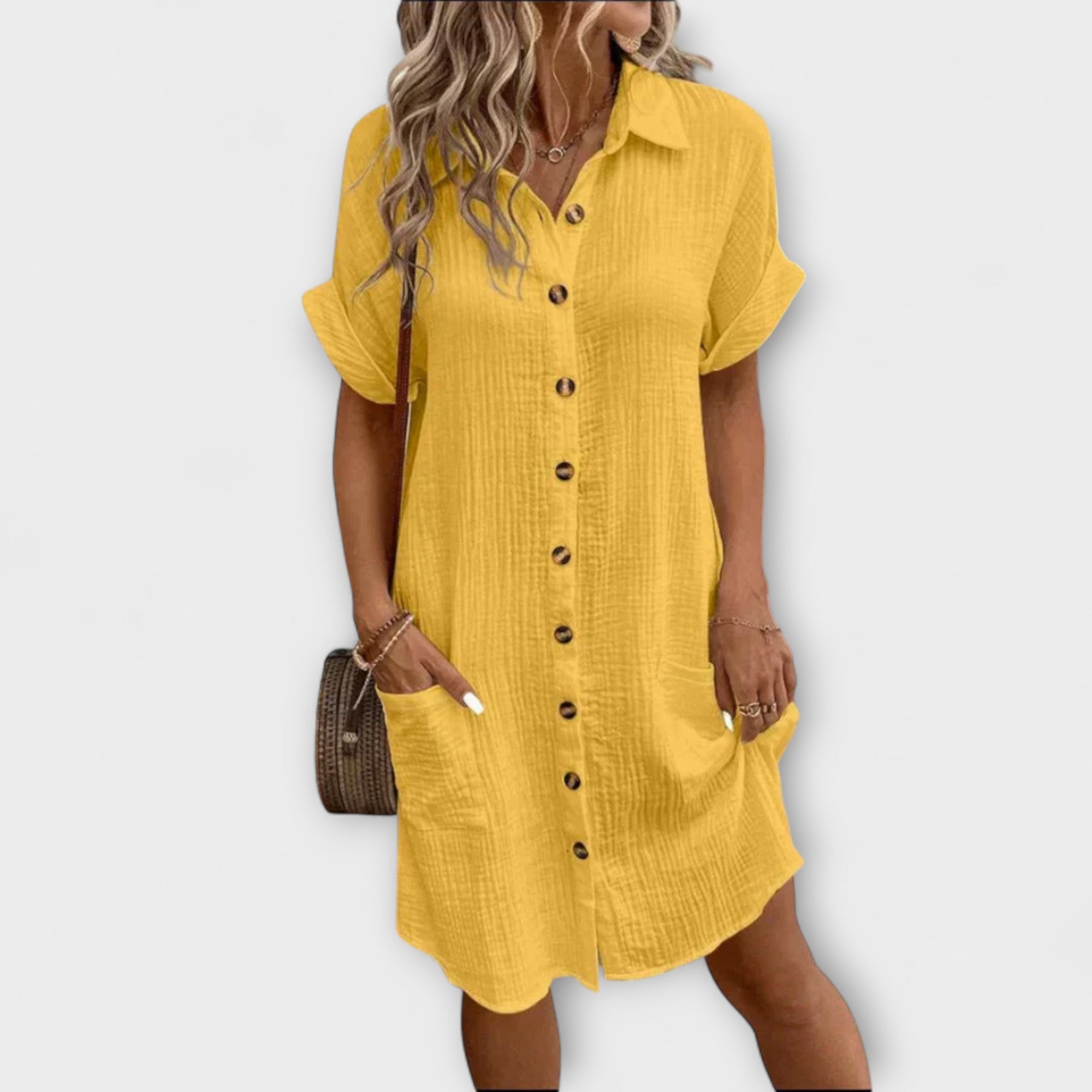 Polo-Freizeitkleid gelb mit Knopfleiste, kurzen Ärmeln und Seitentaschen