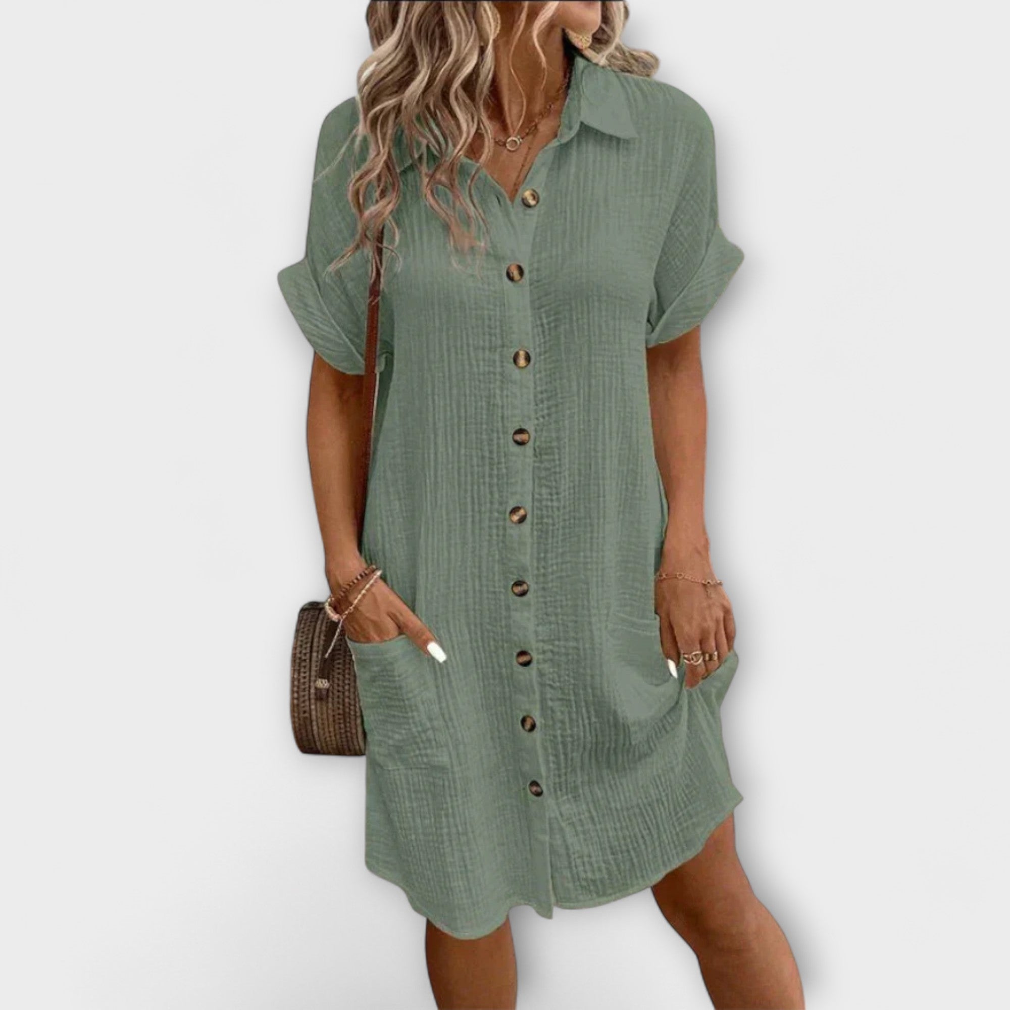 Polo-Freizeitkleid grün mit Knopfleiste, kurzen Ärmeln und Seitentaschen