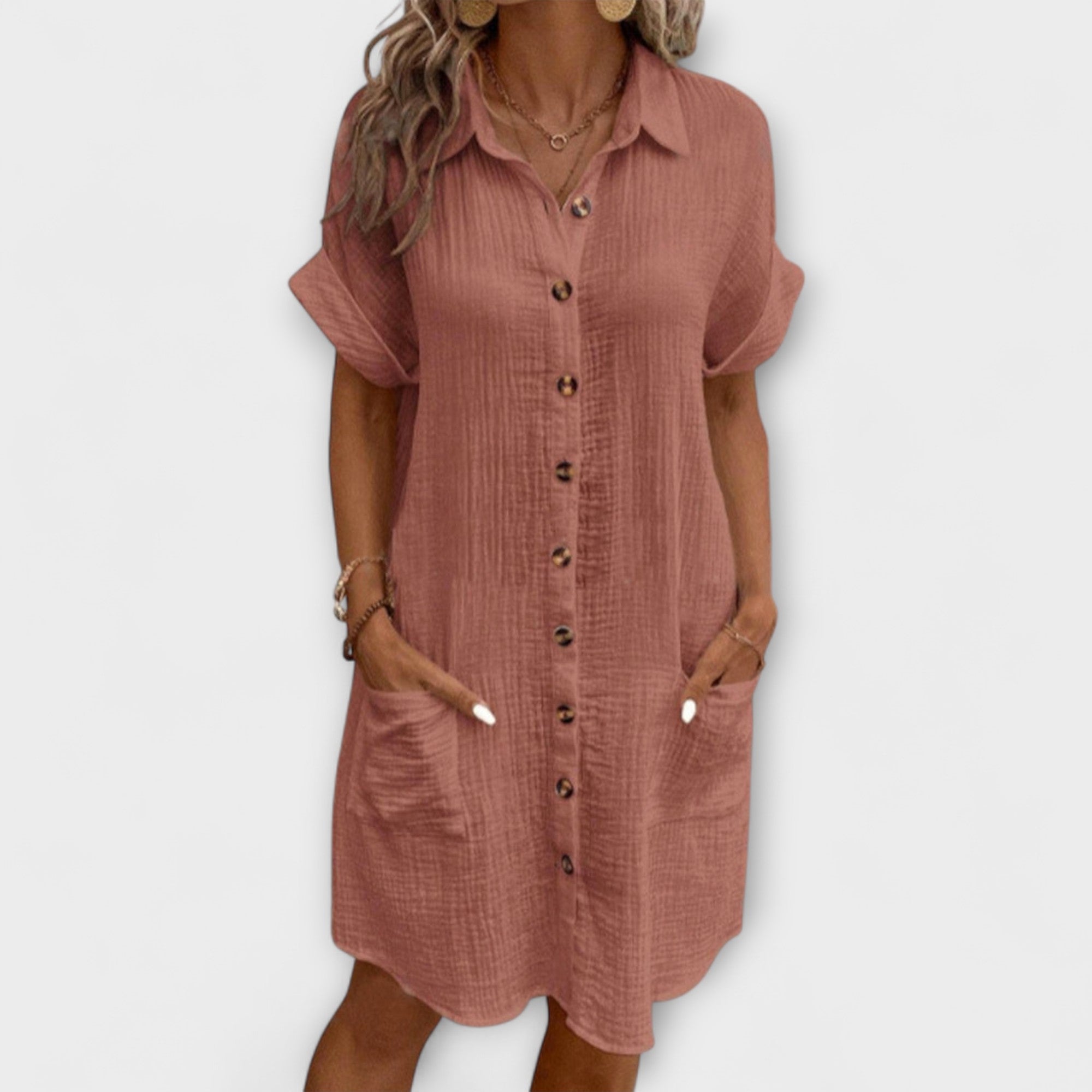 Polo-Freizeitkleid rosé mit Knopfleiste, kurzen Ärmeln und Seitentaschen