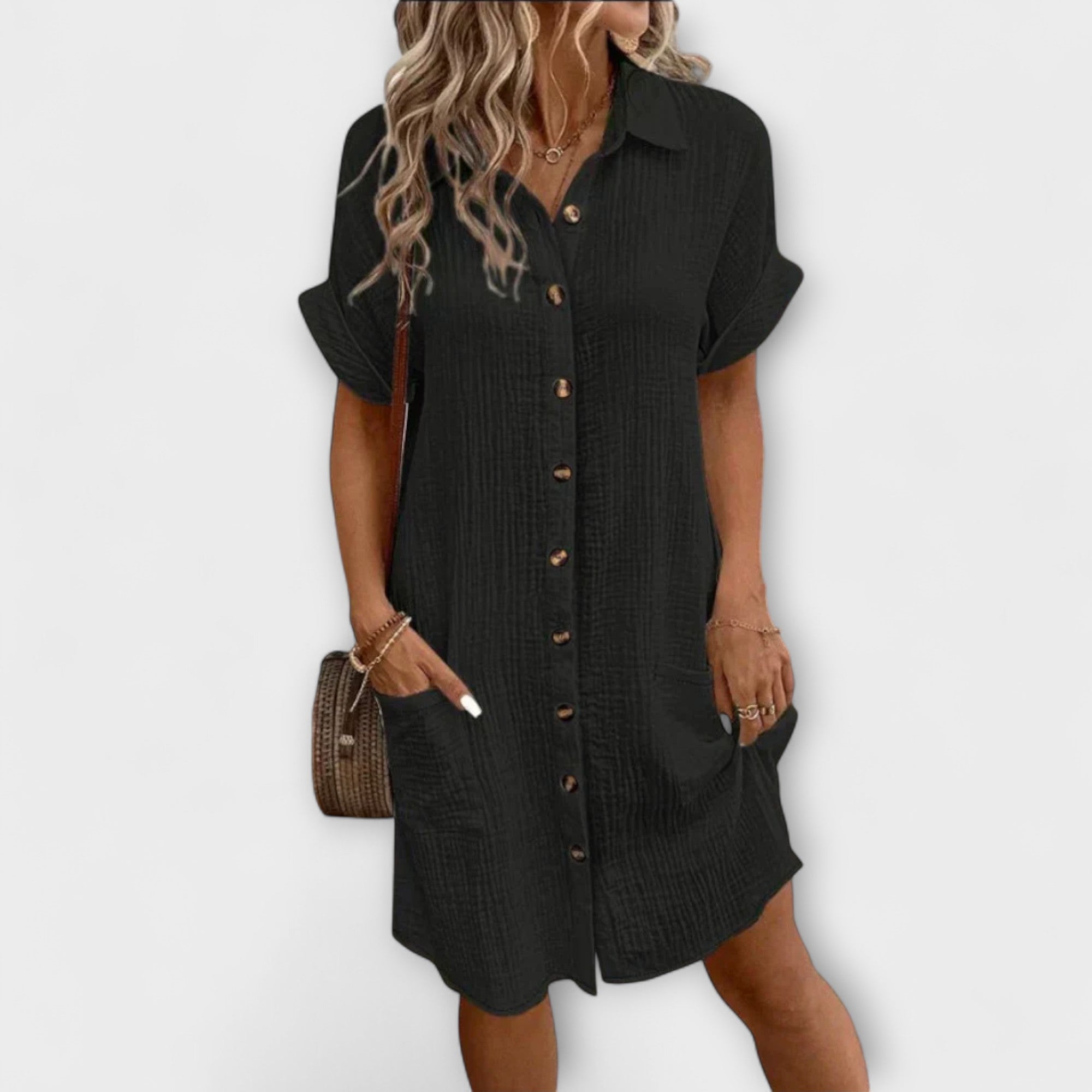 Polo-Freizeitkleid schwarz mit Knopfleiste, kurzen Ärmeln und Seitentaschen