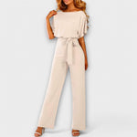 Beiger Jumpsuit mit weiten Beinen, lockerem O-Ausschnitt und Schleife in der Taille