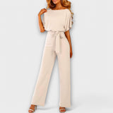 Beiger Jumpsuit mit weiten Beinen, lockerem O-Ausschnitt und Schleife in der Taille