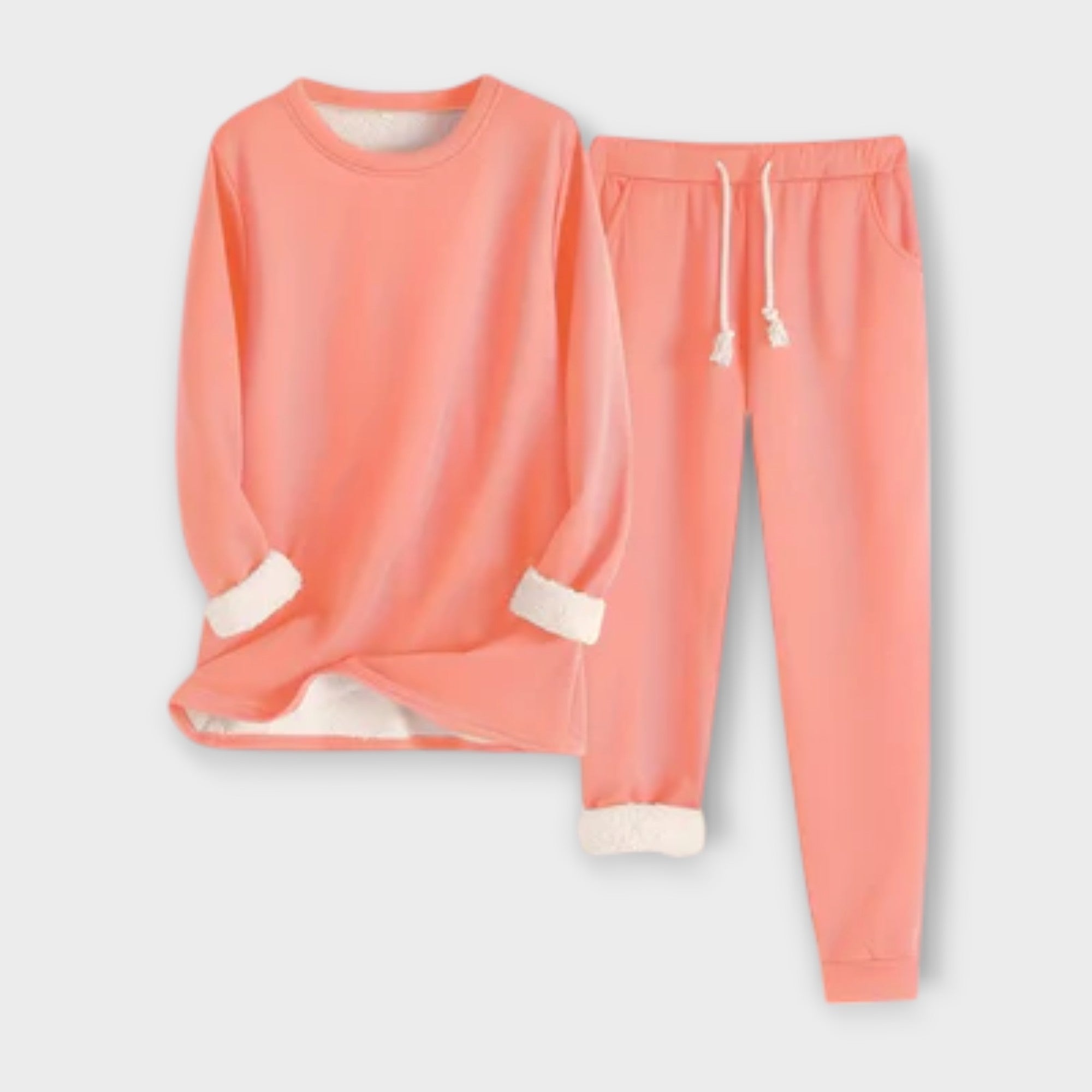 Korallfarbenes Thermo-Fleece-Set: Langarmshirt und Jogginghose mit Kordel