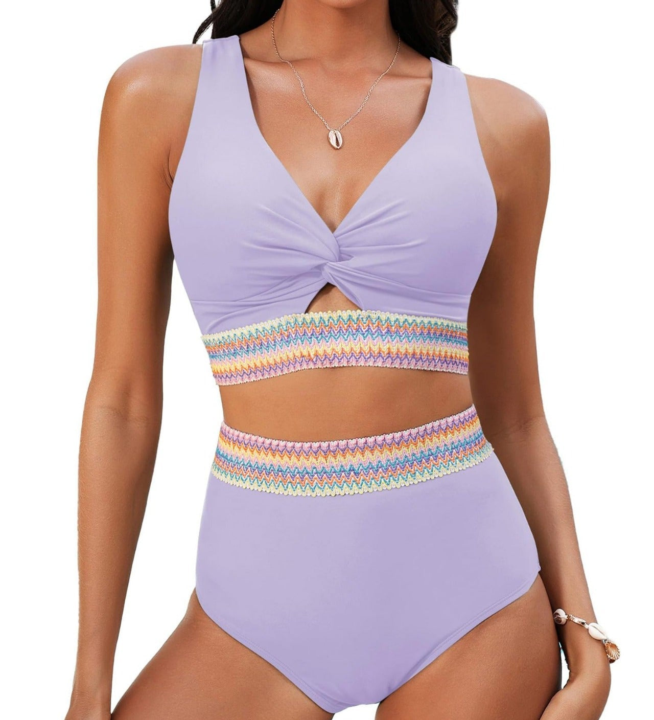 Bauch-Weg-Bikini Lila mit V-Ausschnitt und geknotetem Oberteil, buntem Taillenstreifen