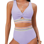Bauch-Weg-Bikini Lila mit V-Ausschnitt und geknotetem Oberteil, buntem Taillenstreifen