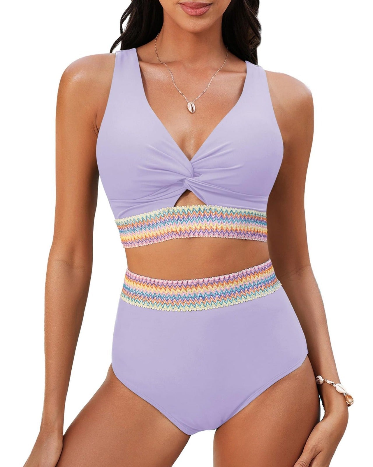 Bauch-Weg-Bikini Lila mit V-Ausschnitt und geknotetem Oberteil, buntem Taillenstreifen