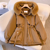 Glam-Winterjacke Khaki mit braunem Kunstfellkragen, Reißverschluss und Taschen