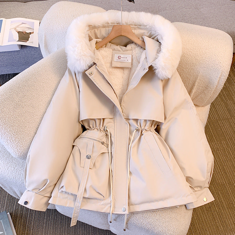 Glam-Winterjacke mit Kunstfellkapuze, beige-weiß, Kordelzug und Taschen