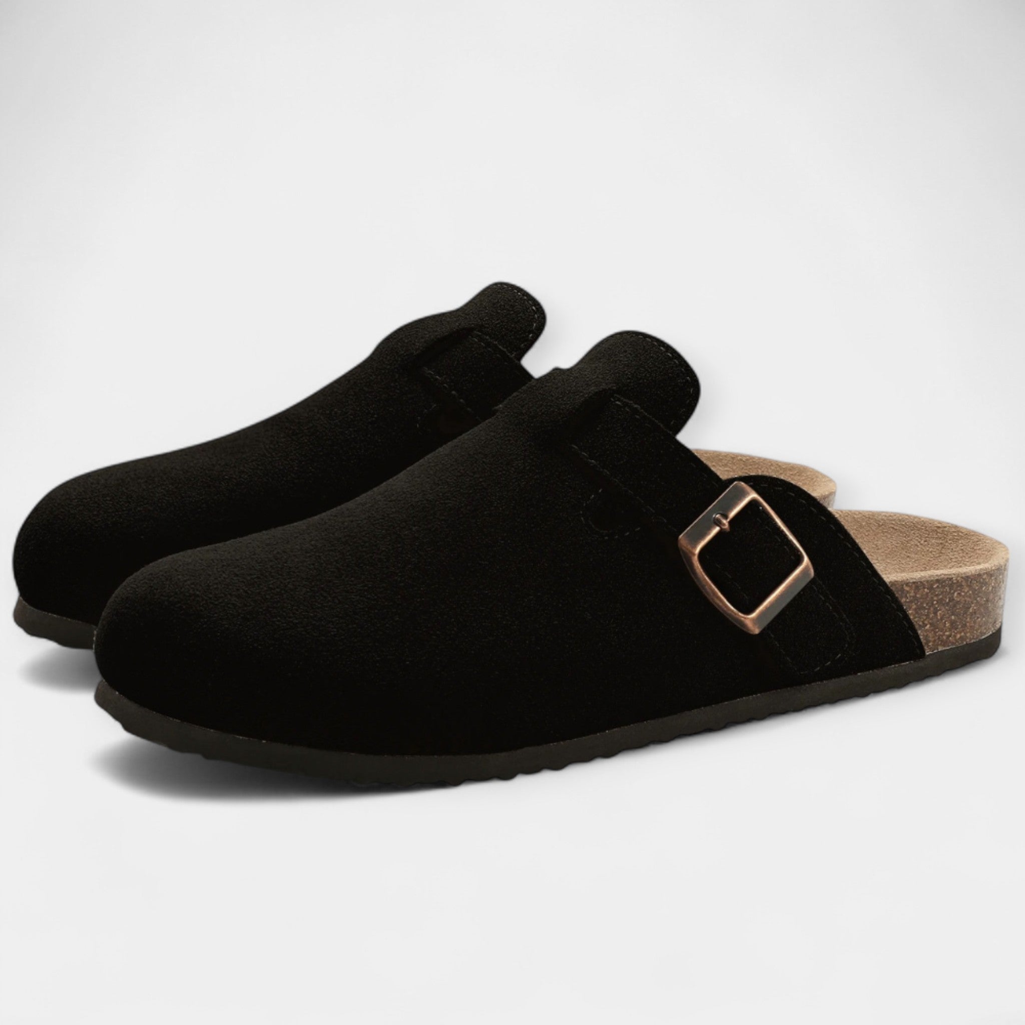 Schwarze Velours-Sandalen mit breitem Riemen und Metall-Schnalle