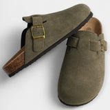 Olivgrüne Wildleder-Sandalen mit Riemen und Metall-Schnalle