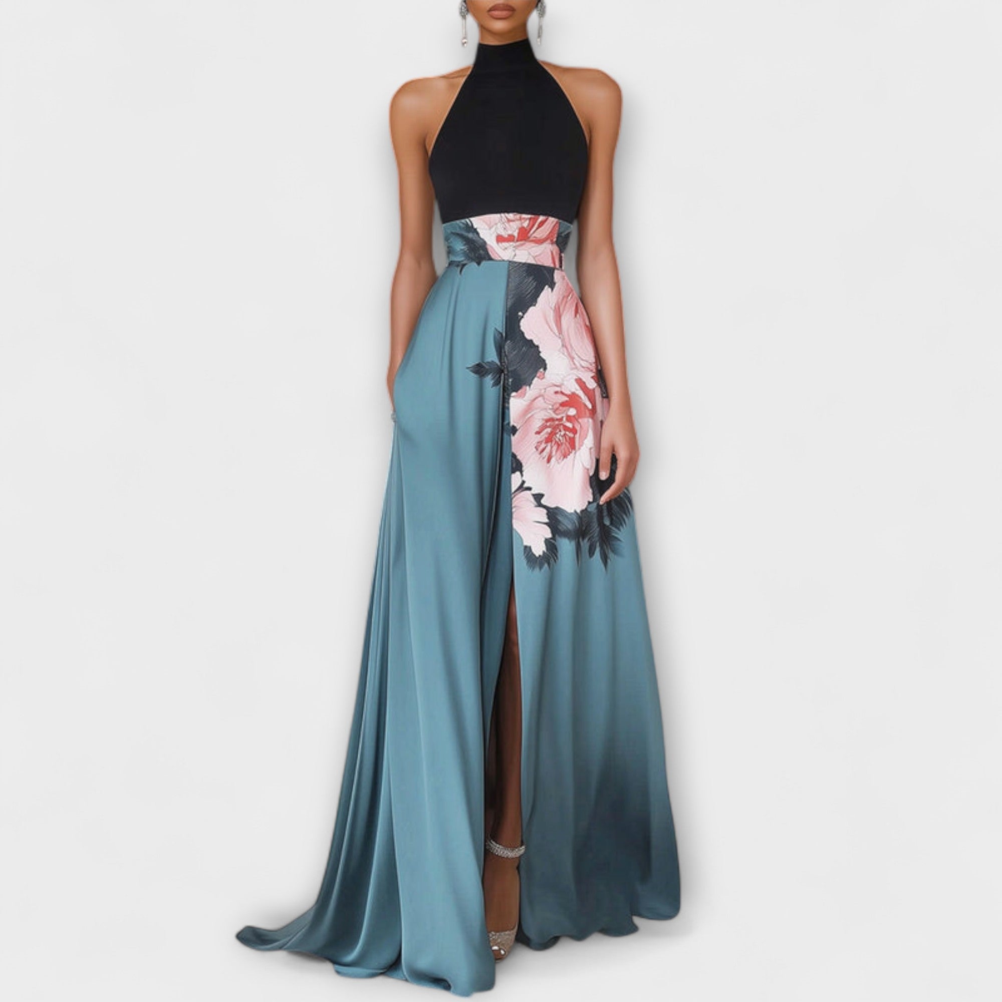 A-Linien-Maxikleid mit weitem Rock, Blumenmuster (Blau/Rosa/Schwarz) und hohem Schlitz