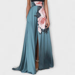 A-Linien-Maxikleid mit Blumenprint, blauem Rock und hohem Bein-Schlitz, Neckholder