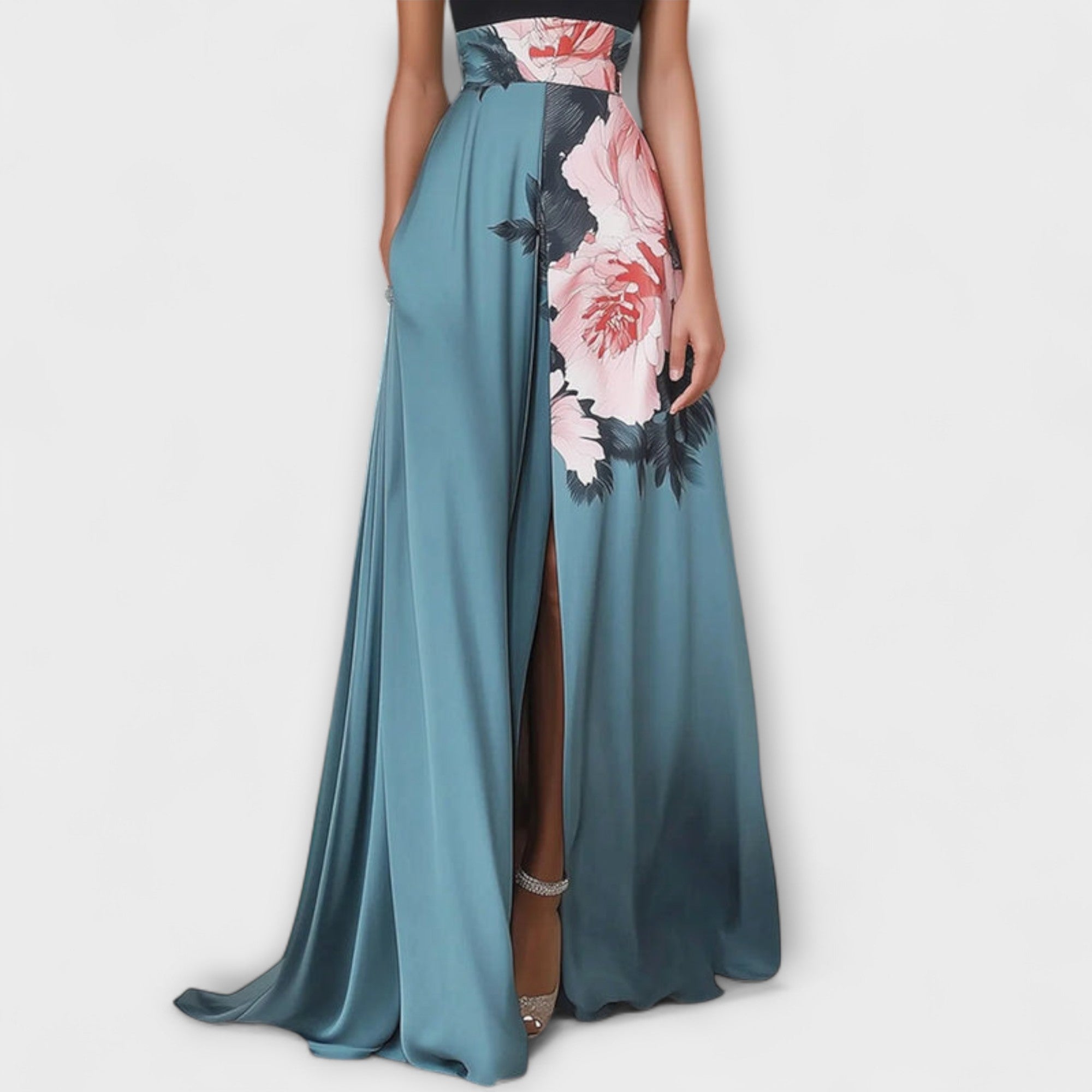 A-Linien-Maxikleid mit Blumenprint, blauem Rock und hohem Bein-Schlitz, Neckholder