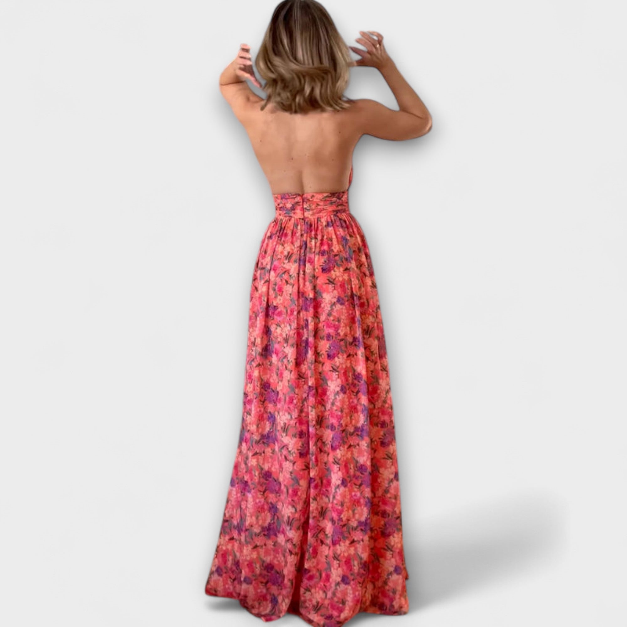 Rückenfreies Maxikleid mit floralem Muster, weiter Rock, Träger mit Cut-out am Rücken