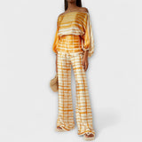Sommer-Set mit off-shoulder Oberteil und weitem Hosenbein, kariertes Gittermuster in Gelb