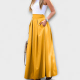 Eleganter Maxirock mit hoher Taille, gelb, mit Falten und A-Linien-Schnitt