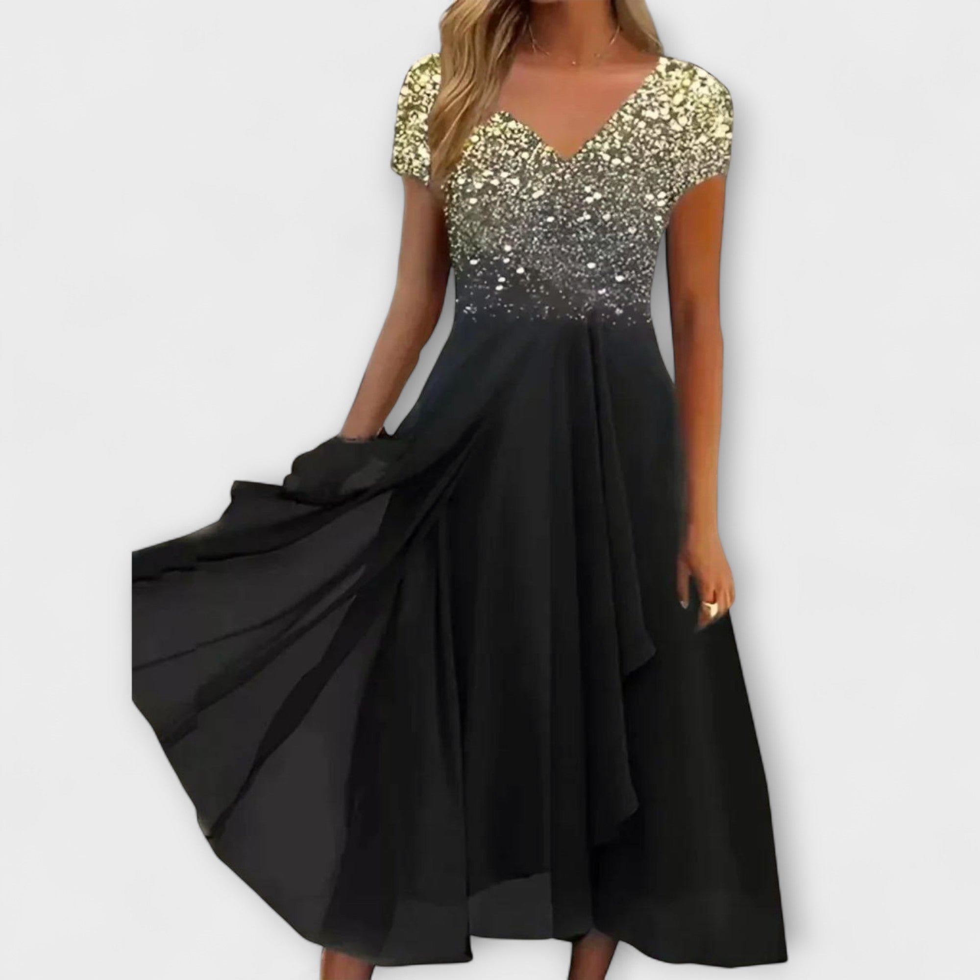 Damen-Chiffonpartykleid mit V-Ausschnitt, Glitzeroberteil gold/silber und Volantrock