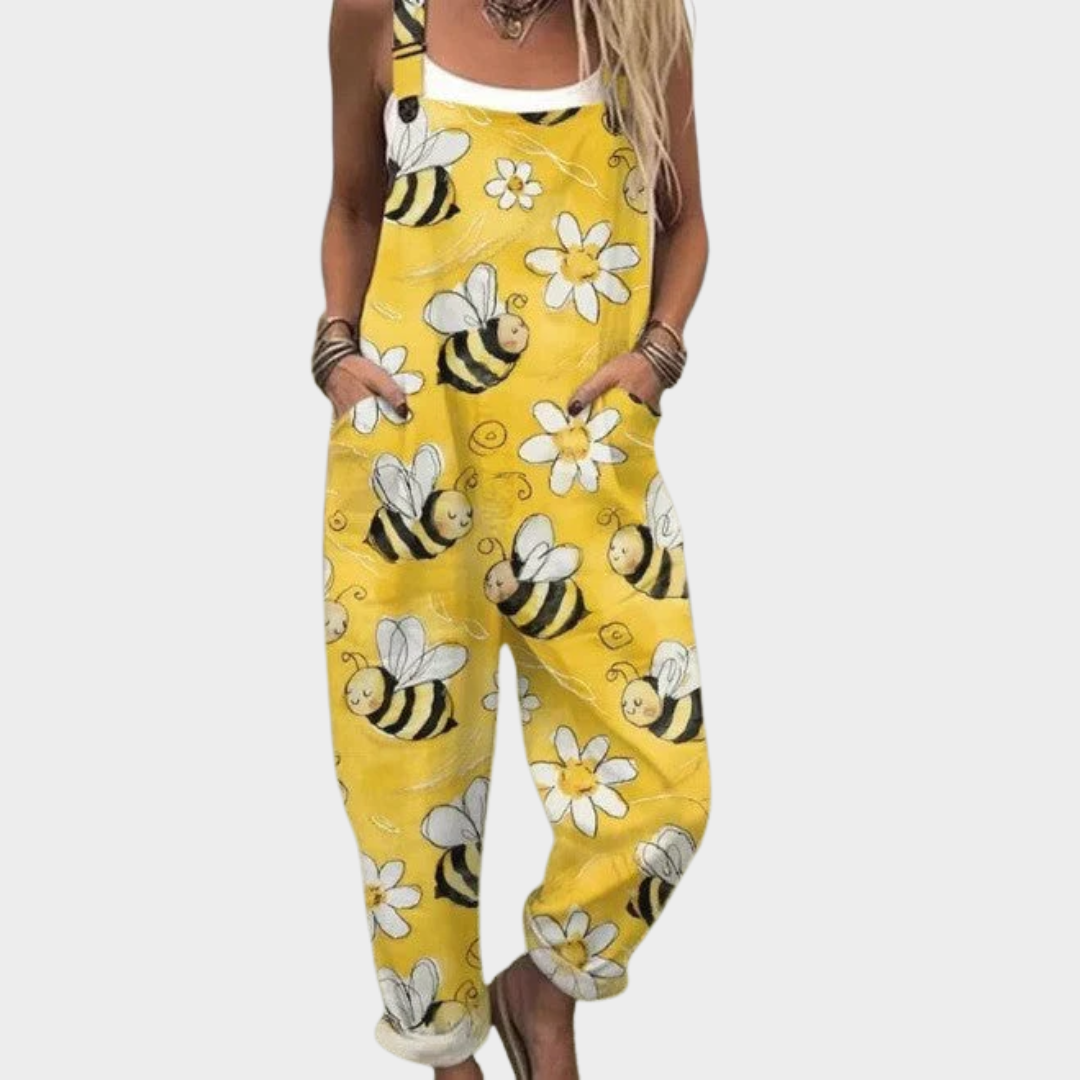 Gelber bequemer Druck-Overall mit Bienen- und Blumenmuster, Trägern und langem Bein