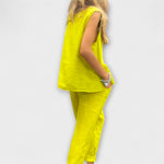 Leinen-Baumwoll-Set mit ärmellosem Top und Hose, gelb