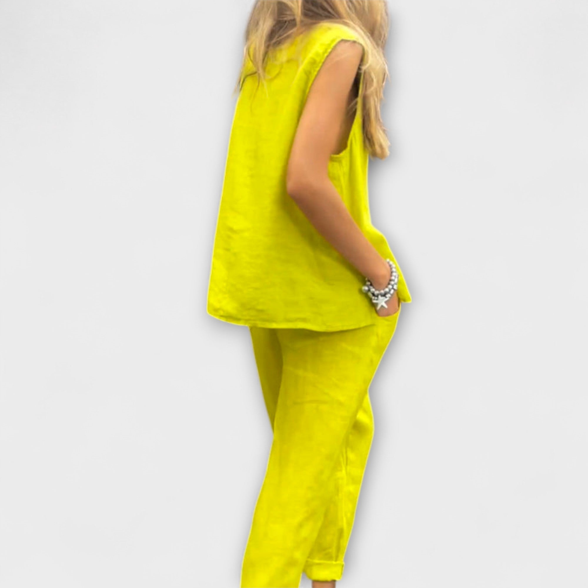 Leinen-Baumwoll-Set mit ärmellosem Top und Hose, gelb