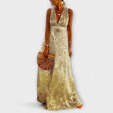 Fließendes Maxikleid mit V-Ausschnitt, ärmellos; goldgelb mit Glanzoptik und Pailletten-Details
