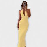 Gelbes rückenfreies Halterneck-Gala-Kleid, figurbetont