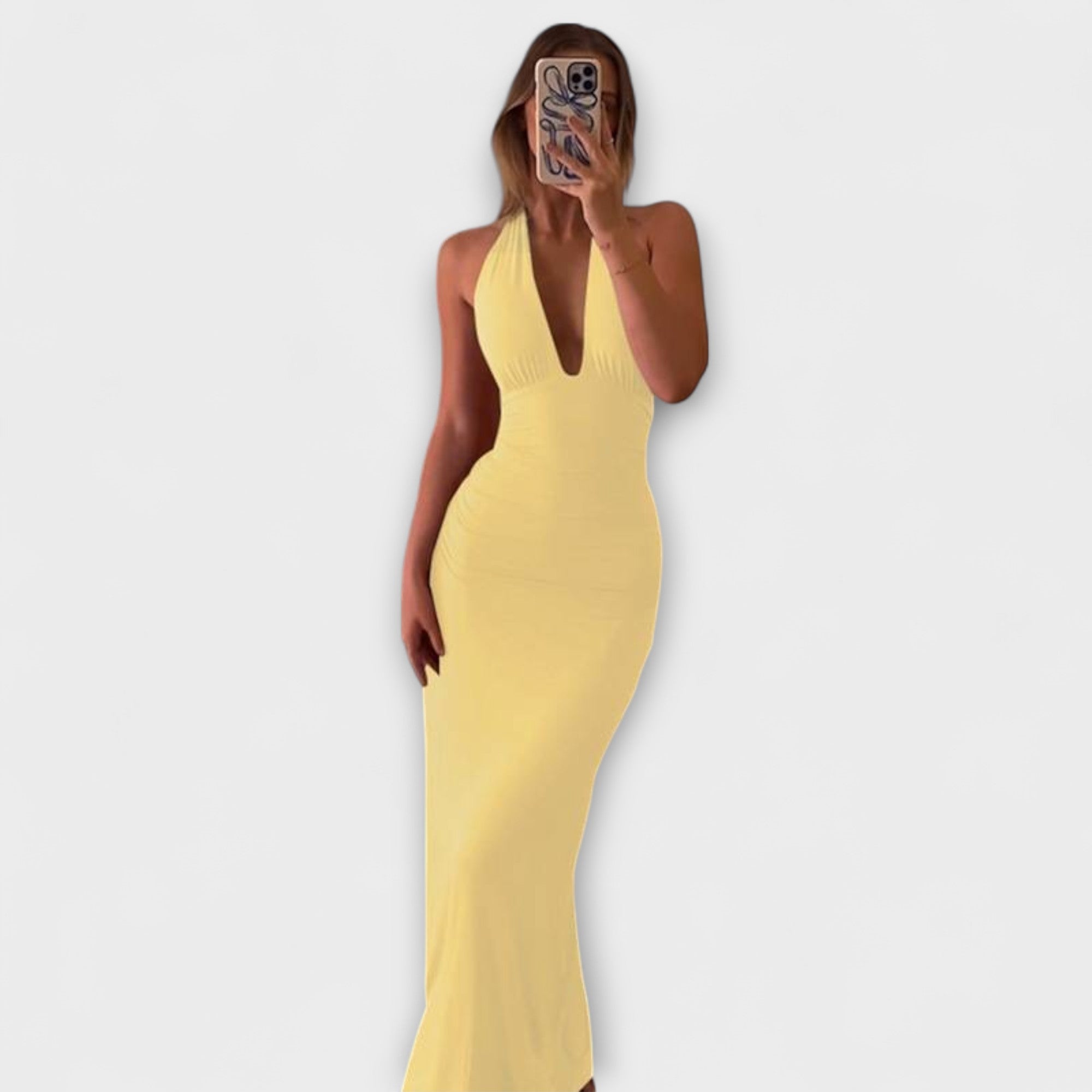 Gelbes rückenfreies Halterneck-Gala-Kleid, figurbetont
