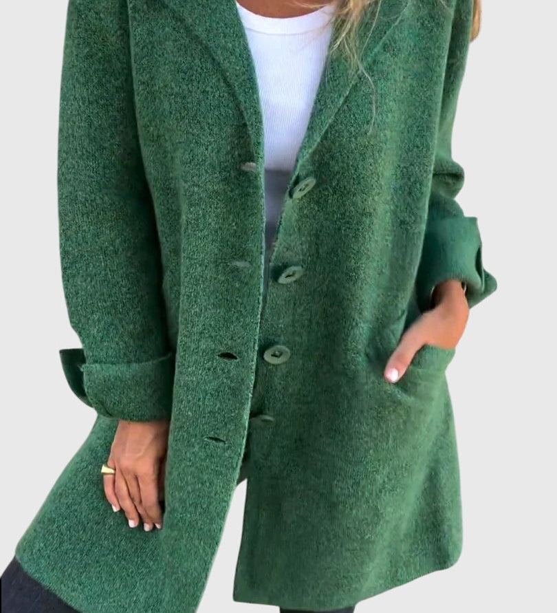 Grüner Wollblazer mit Reverskragen und Knopfverschluss, Taschen und langen Ärmeln