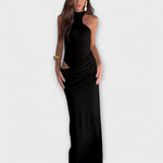 Ärmelloses Cut-Out-Kleid in Schwarz mit Cut-out am Oberkörper und schmaler, langer Form