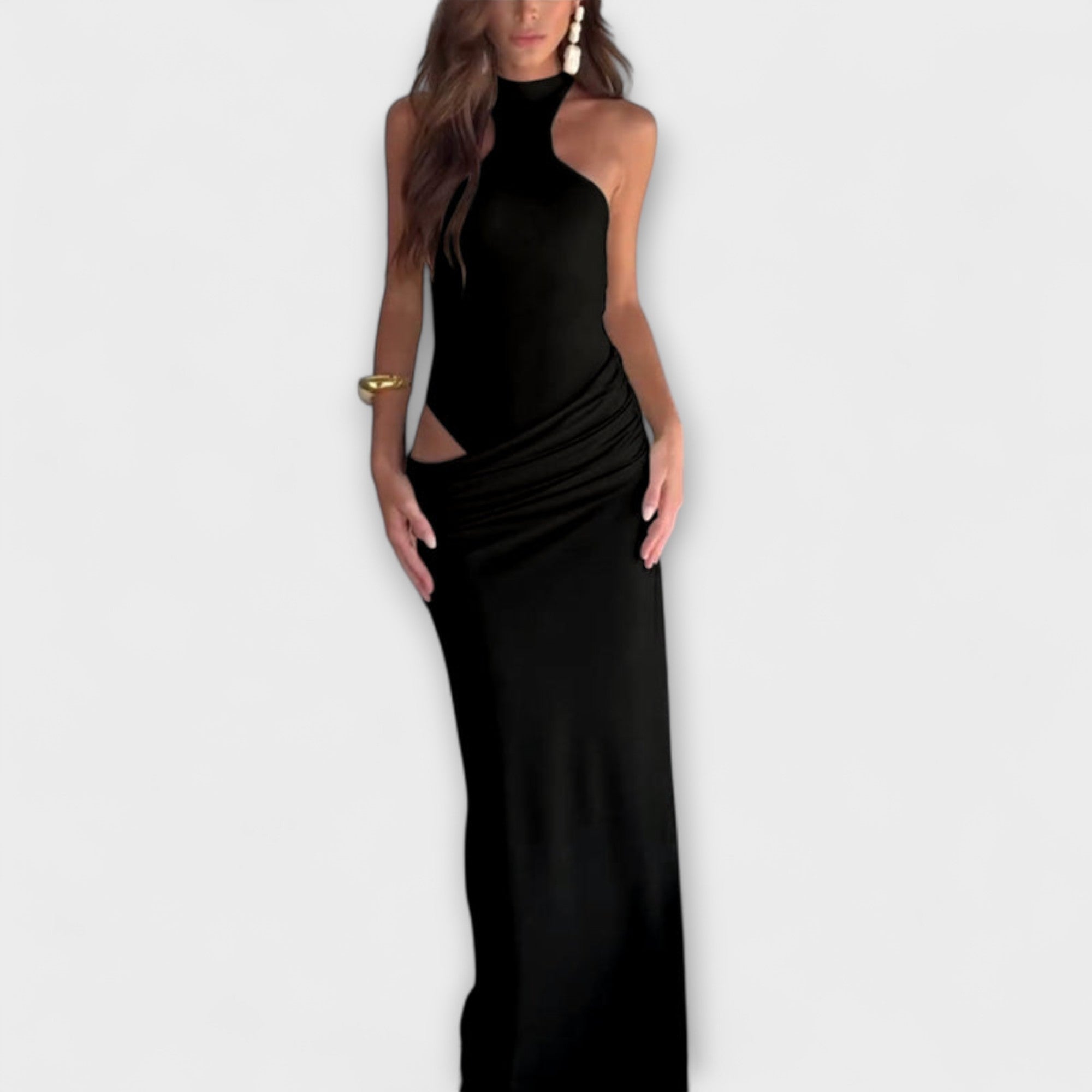 Ärmelloses Cut-Out-Kleid in Schwarz mit Cut-out am Oberkörper und schmaler, langer Form