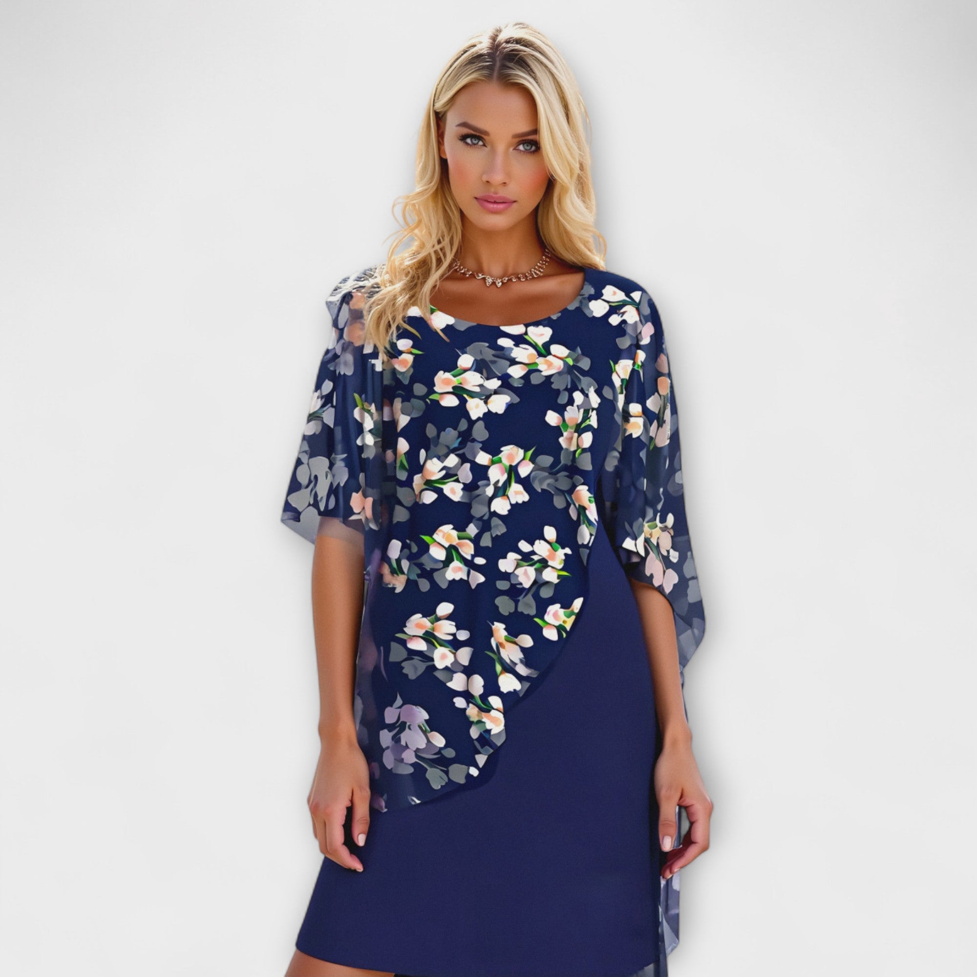 Chiffon-Damenkleid in Dunkelblau mit floralen Blüten und rundem Ausschnitt