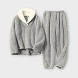 Grau meliertes Flanell-Set: Kapuzenoberteil mit Plüschkragen, Jogginghose