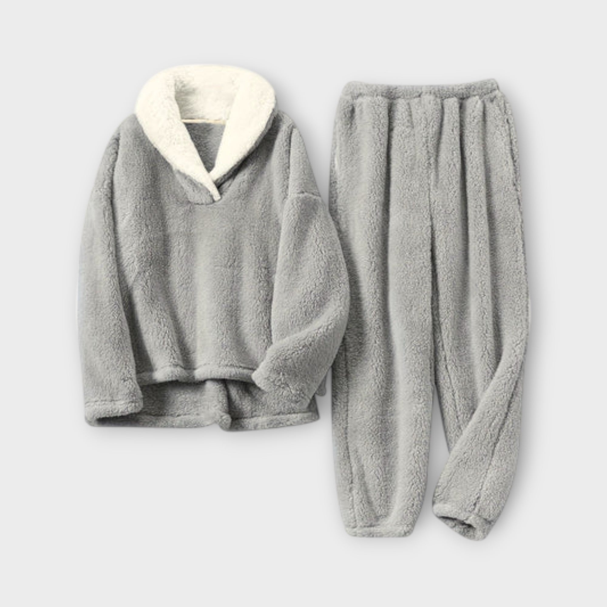 Grau meliertes Flanell-Set: Kapuzenoberteil mit Plüschkragen, Jogginghose