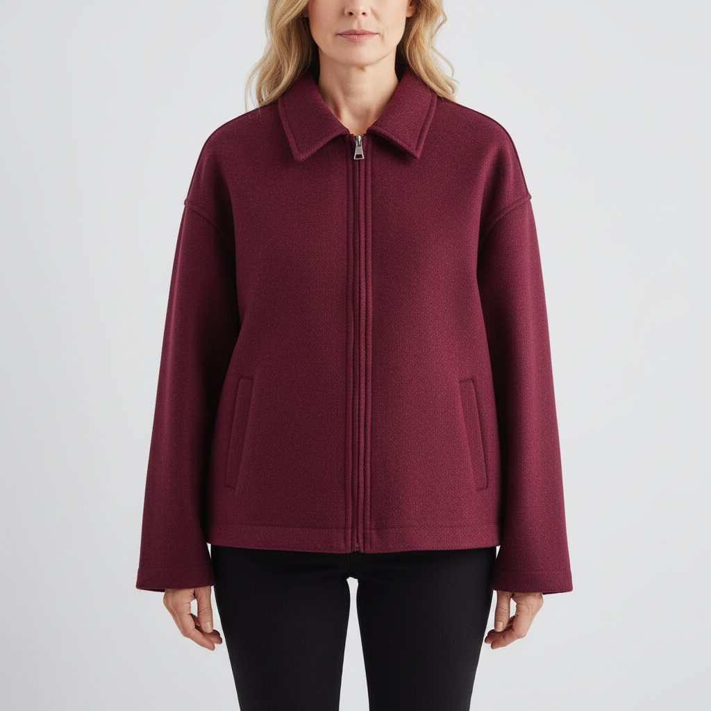 Bordeauxfarbene Soft-Zip-Jacke mit Umlegekragen und Frontreißverschluss, seitlichen Taschen
