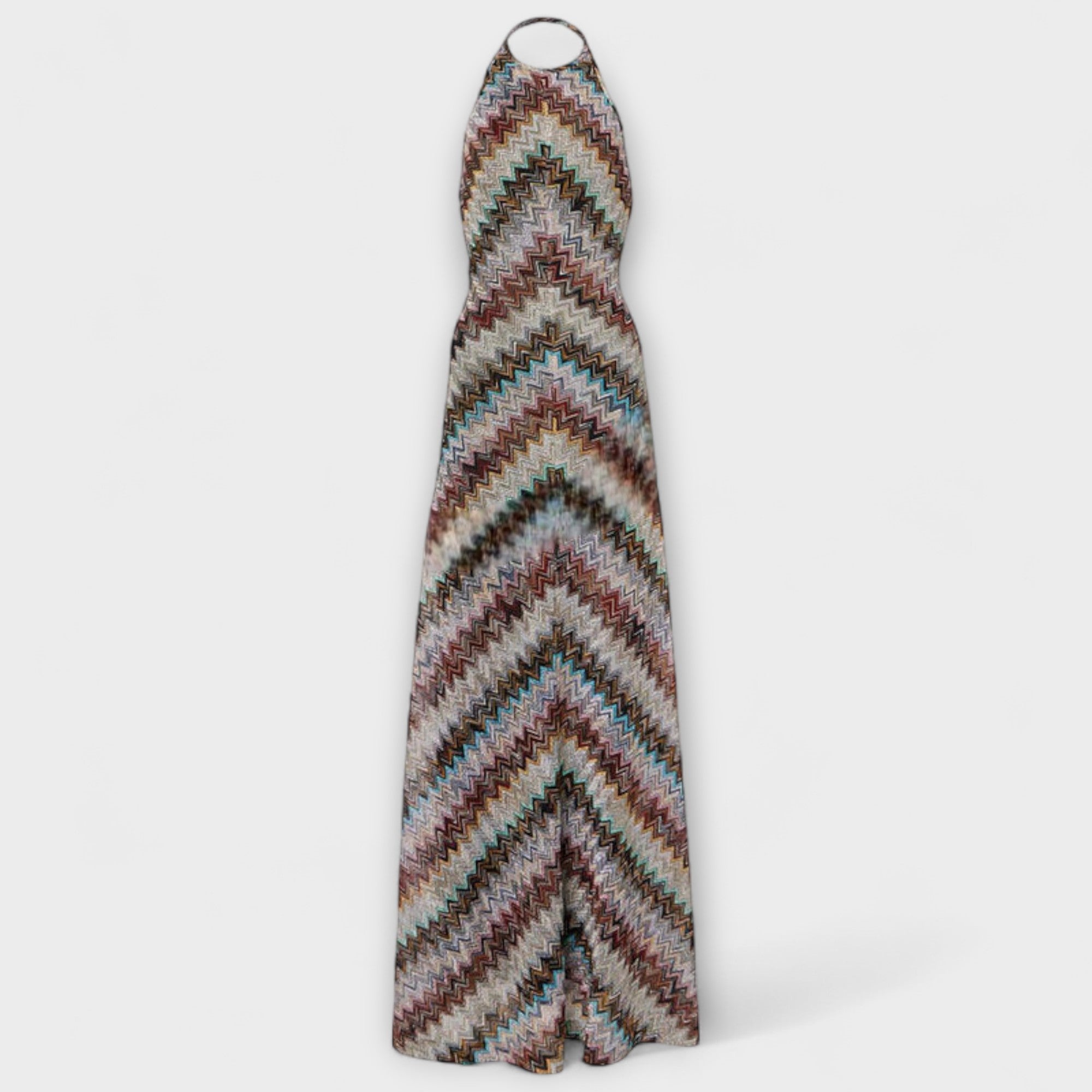 Ärmelloses Strickkleid mit buntem Fischgrätenmuster und langem Rock