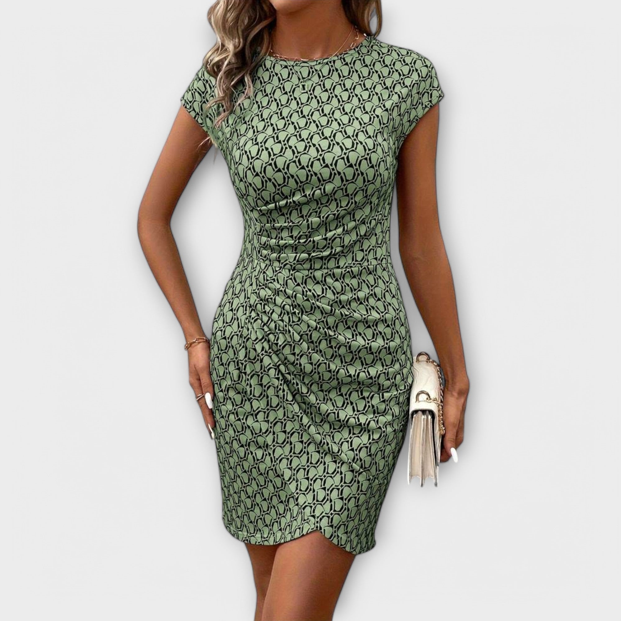 Kurzärmliges Tulpenkleid mit Allover-Kettengliedermuster, grün, körpernah